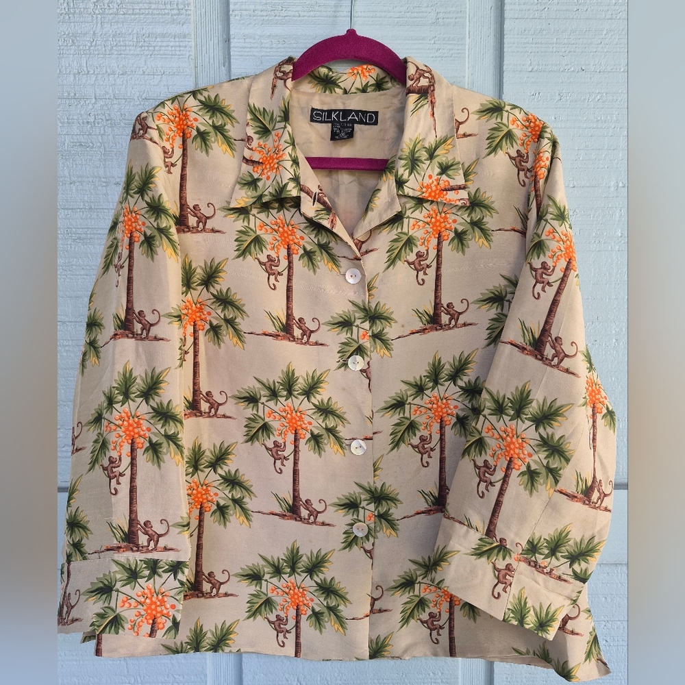 VTG 90s SilkLand Tropical Monkey and Palm Tree Print Jacket 100% Silk Size 14